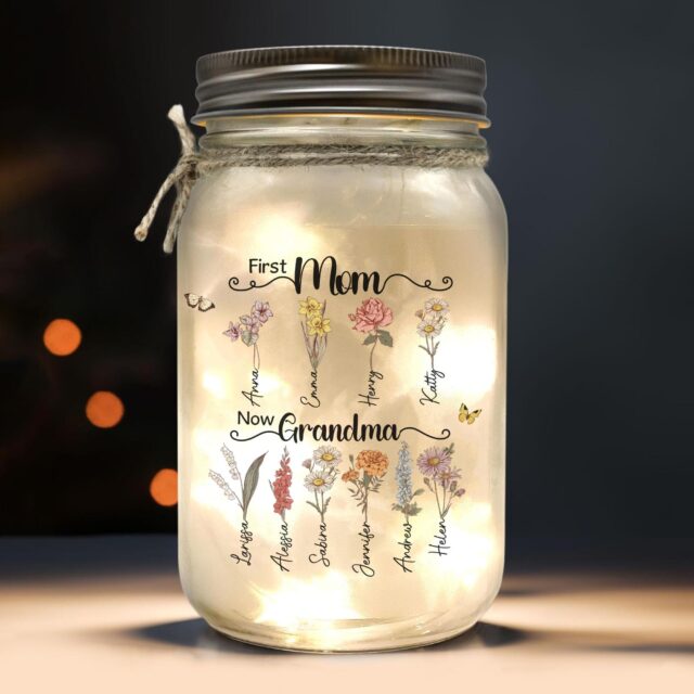 Custom First Mom Now Grandma Night Light – Personalized Birth Month Flower Gift