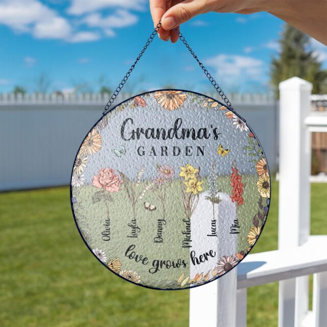 Personalized Grandma’s Garden Stained Glass Suncatcher with Birth Month Flowers