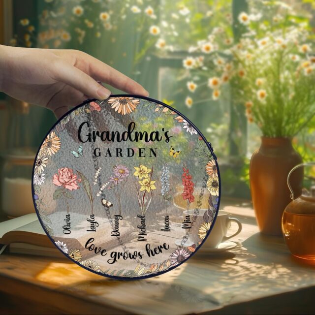 Personalized Grandma’s Garden Stained Glass Suncatcher with Birth Month Flowers