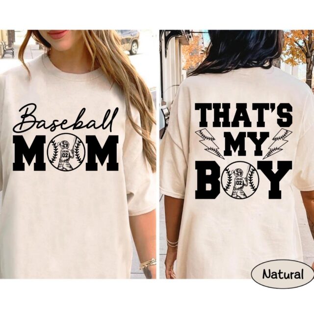 Personalized Baseball Mom Shirt – That’s My Boy Custom Name & Number Tee