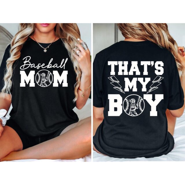 Personalized Baseball Mom Shirt – That’s My Boy Custom Name & Number Tee