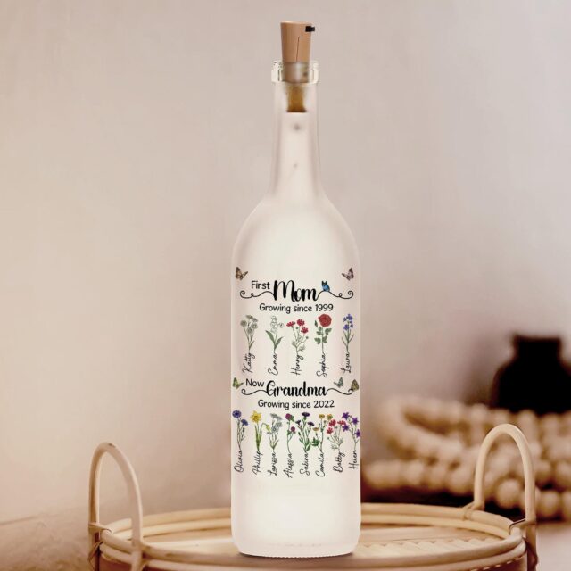 Custom First Mom Now Grandma Bottle Lamp – Personalized Birth Month Flower Gift