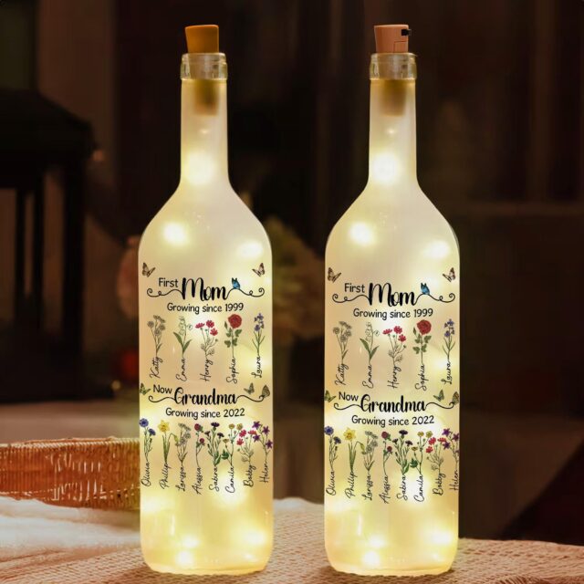 Custom First Mom Now Grandma Bottle Lamp – Personalized Birth Month Flower Gift