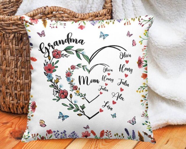 Personalized Grandma Heart Pillow – Custom Grandma & Grandkids Names, First Mom Now Grandma Gift