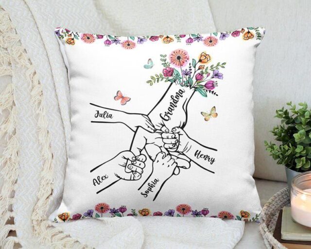 Personalized Grandma Flower Kid Pillow Holding Kid Hands Mom Grandma
