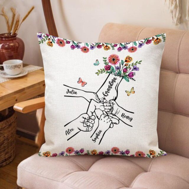 Personalized Grandma Flower Kid Pillow Holding Kid Hands Mom Grandma