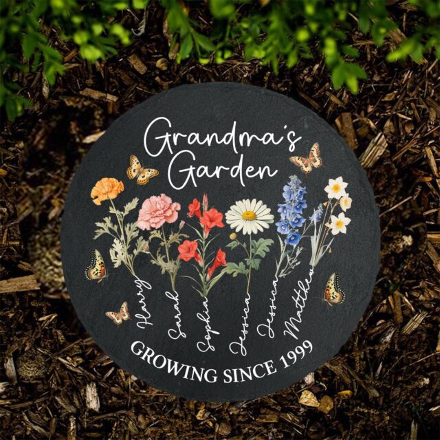 Custom Grandma’s Garden Stone with Birth Month Flowers and Grandkid Names