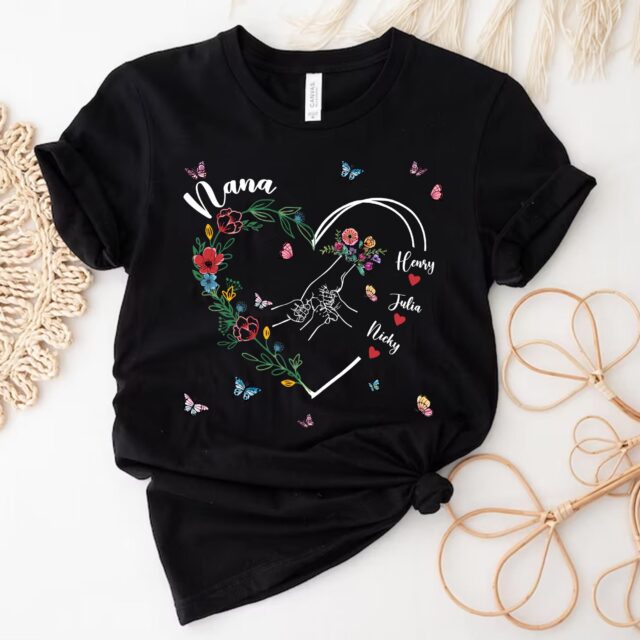 Custom Grandma Shirt Holding Kid’s Hands with Names Floral Mom Tee