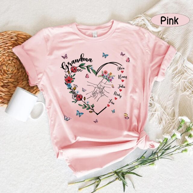 Custom Grandma Shirt Holding Kid’s Hands with Names Floral Mom Tee
