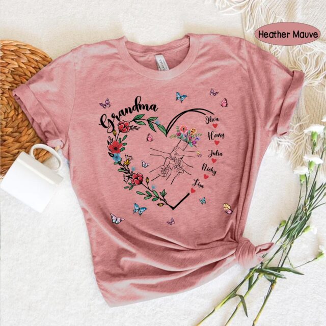 Custom Grandma Shirt Holding Kid’s Hands with Names Floral Mom Tee