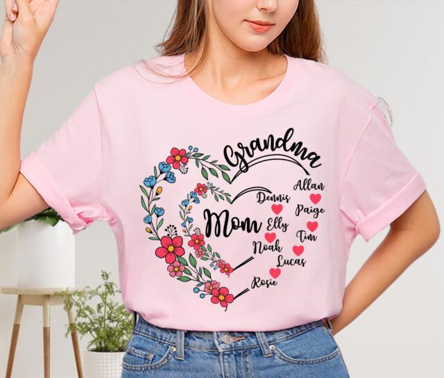 Personalized Grandma Heart Shirt Custom Grandma Tee with Kids & Grandkids Names