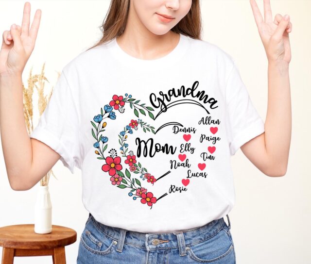 Personalized Grandma Heart Shirt Custom Grandma Tee with Kids & Grandkids Names