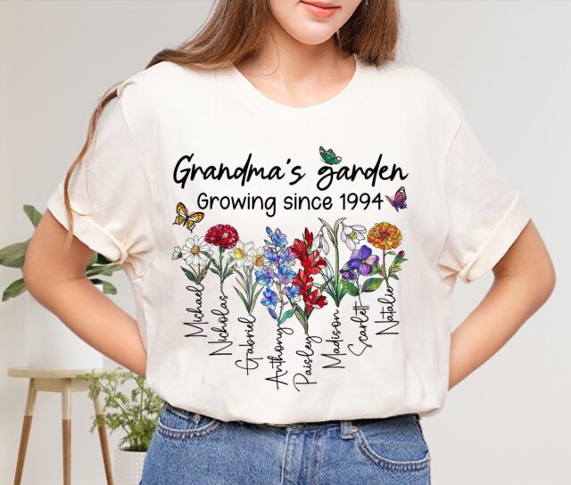 Personalized Grandmas Garden Shirt Custom Birth Flower Tee with Kid Names