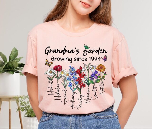 Personalized Grandmas Garden Shirt Custom Birth Flower Tee with Kid Names