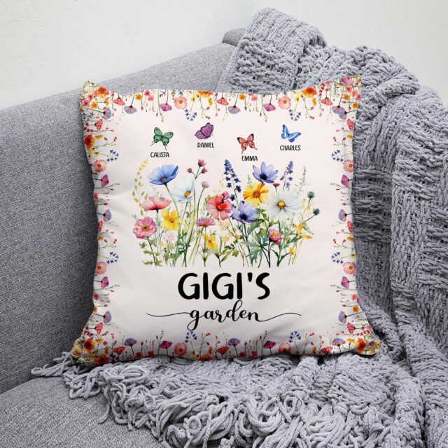 Personalized Grandmas Garden Pillow Custom Wildflower Butterfly Gift for Mom & Nana