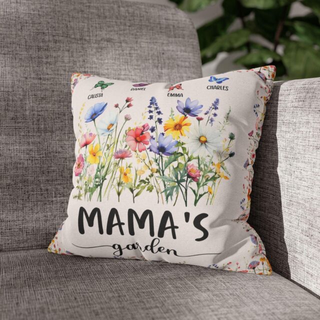 Personalized Grandmas Garden Pillow Custom Wildflower Butterfly Gift for Mom & Nana