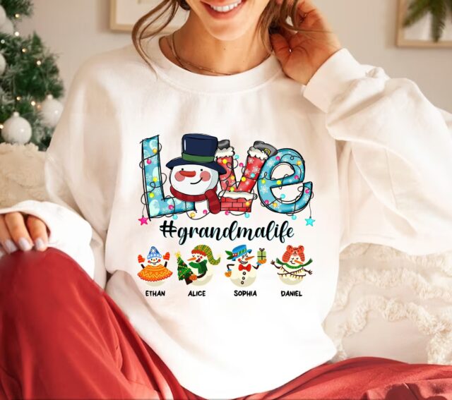 Custom Christmas Grandma Shirt with Snowman & Kid Names