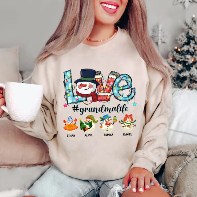 Custom Christmas Grandma Shirt with Snowman & Kid Names