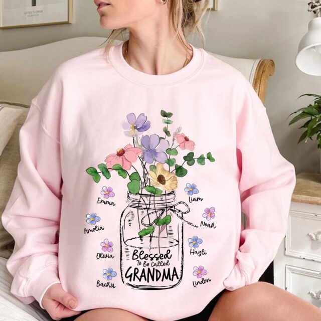 Blessed To Be Called Grandma Flower Shirt with Kids and Grandkids Names