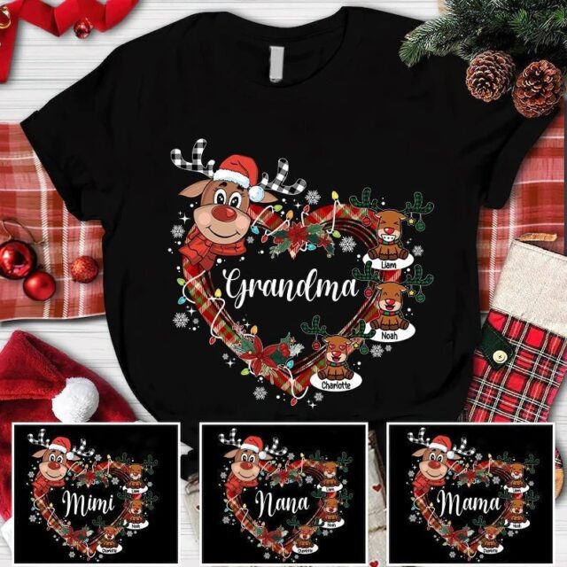 Custom Christmas Reindeer Grandma Shirt – Grandkids’ Names Gift