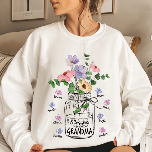 Blessed To Be Called Grandma Flower Shirt with Kids and Grandkids Names