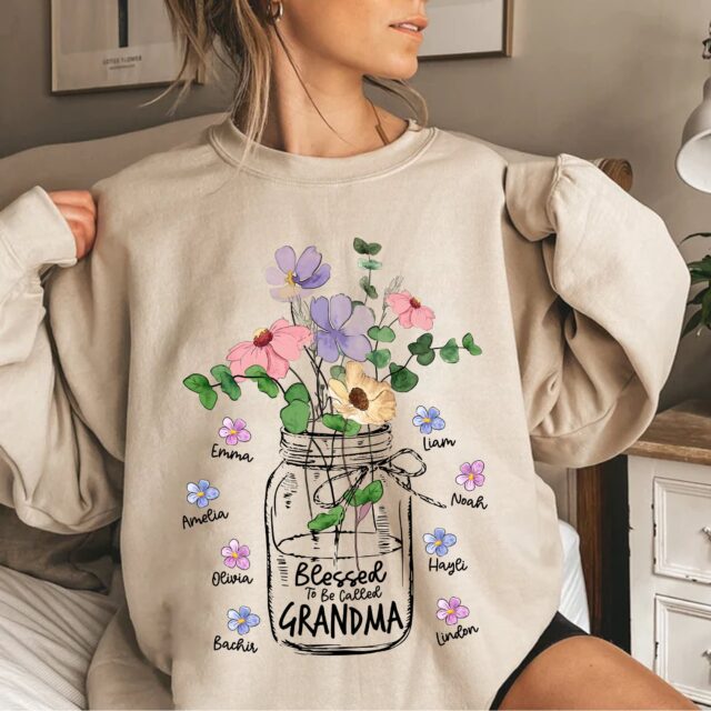Blessed To Be Called Grandma Flower Shirt with Kids and Grandkids Names