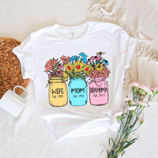 Wife Mom Grandma Est Shirt with Flower Design – Mothers Day Gift