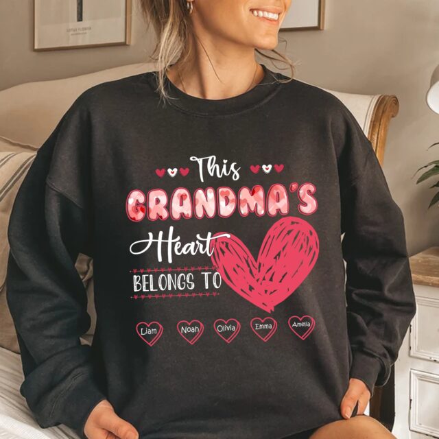This Grandma’s Heart Belongs To Shirt with Grandkids Names – Valentine’s Gift