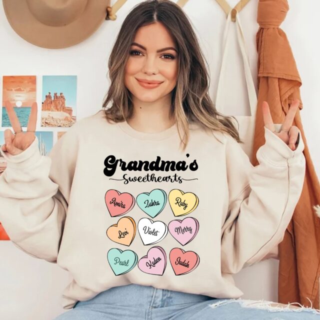 Grandma’s Sweethearts Shirt with Grandkids Names – Personalized Valentine’s Day Gift