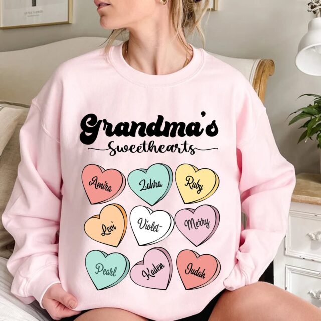 Grandma’s Sweethearts Shirt with Grandkids Names – Personalized Valentine’s Day Gift