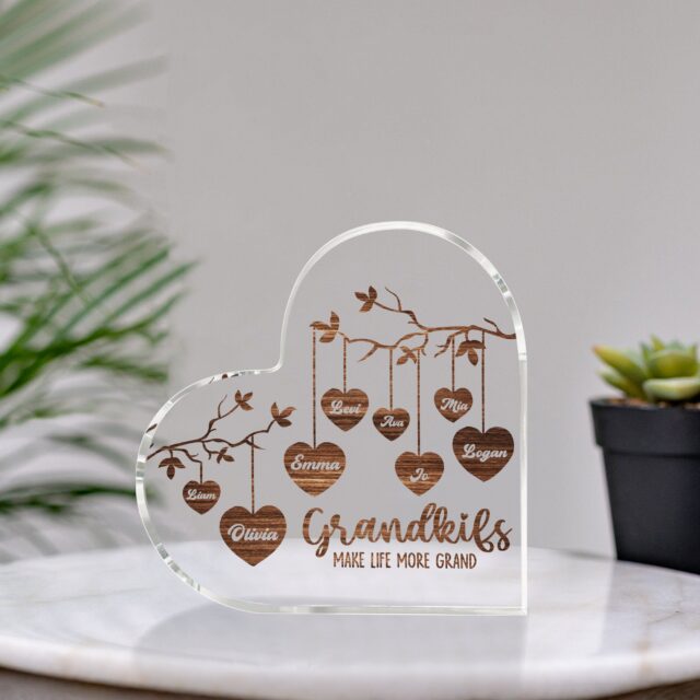 Personalized “Grandkids Make Life More Grand” Acrylic Plaque – Custom Names Heart-Shaped for Mother’s Day