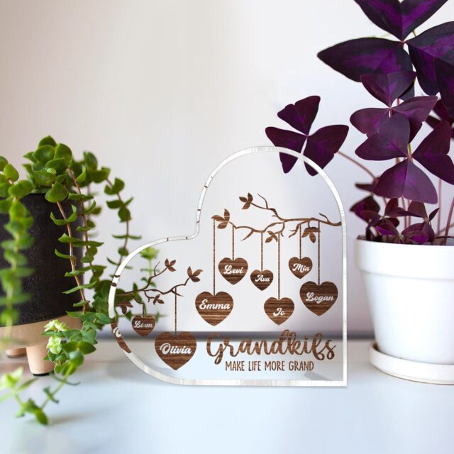 Personalized “Grandkids Make Life More Grand” Acrylic Plaque – Custom Names Heart-Shaped for Mother’s Day