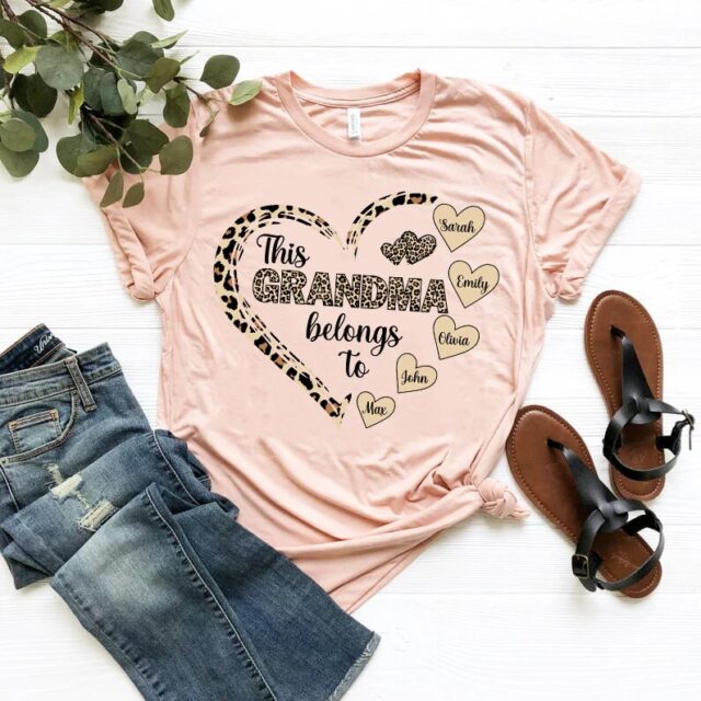 This Grandma Belongs To Shirt – Personalized Leopard Heart Custom Tee for Mother’s Day