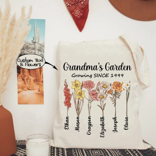 Personalized Grandma’s Garden Tote Bag – Custom Birth Month Flower for Mother’s Day
