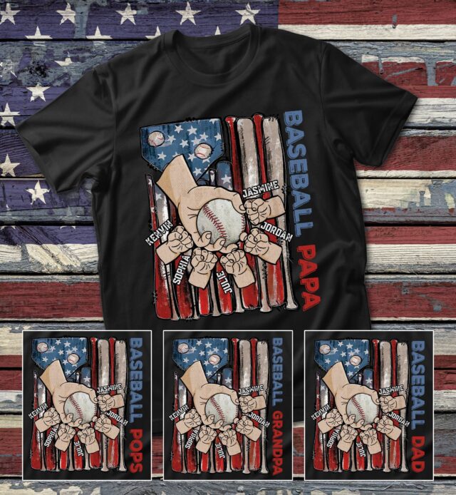 Personalized Baseball Dad Shirt – American Flag Baseball Grandpa with Grandkids’ Names