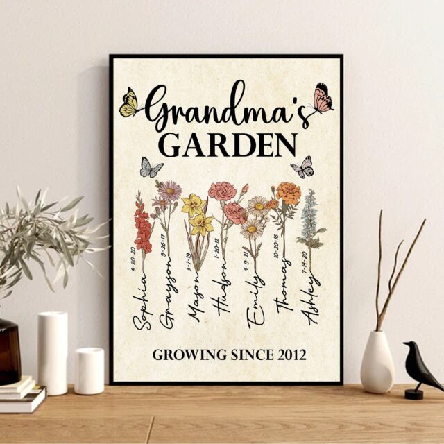 Personalized Grandma’s Garden Poster – Custom Family Name & Birth Month Flowers for Mother’s Day