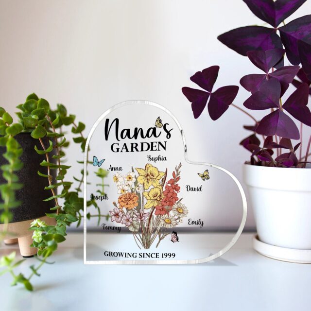 Personalized Nana’s Garden Heart Acrylic Plaque – Birth Month Flowers Gift