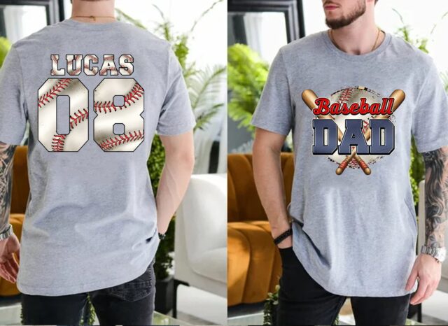 Personalized Baseball Dad Shirt – Custom Name & Number American Flag Baseball Grandpa Tee