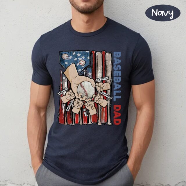 Personalized Baseball Dad Shirt – American Flag Baseball Grandpa with Grandkids’ Names