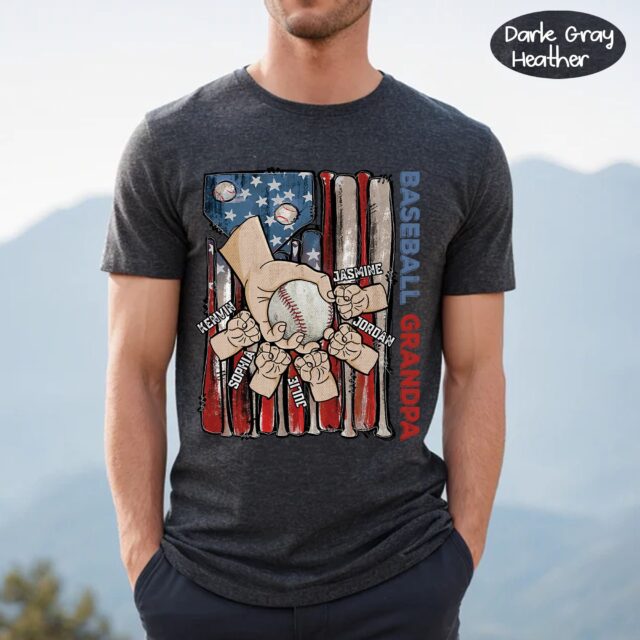 Personalized Baseball Dad Shirt – American Flag Baseball Grandpa with Grandkids’ Names