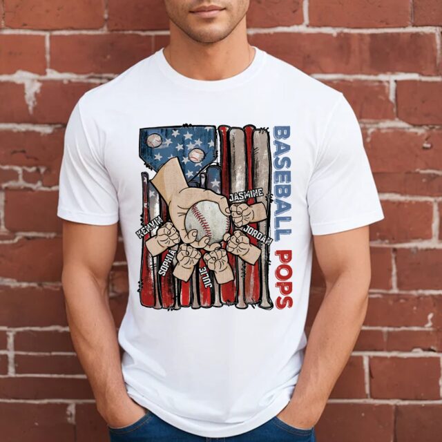 Personalized Baseball Dad Shirt – American Flag Baseball Grandpa with Grandkids’ Names