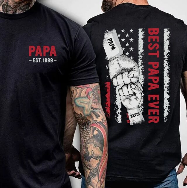 Best Dad Ever Shirt – Custom Fist Bump & Grandkids’ Names for 4th of July Papa