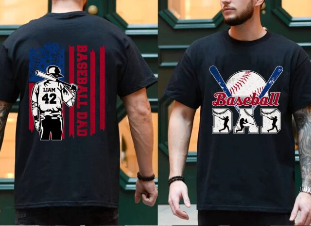 Personalized Baseball Dad Shirt – Custom Name & Number, American Flag Grandpa Gift