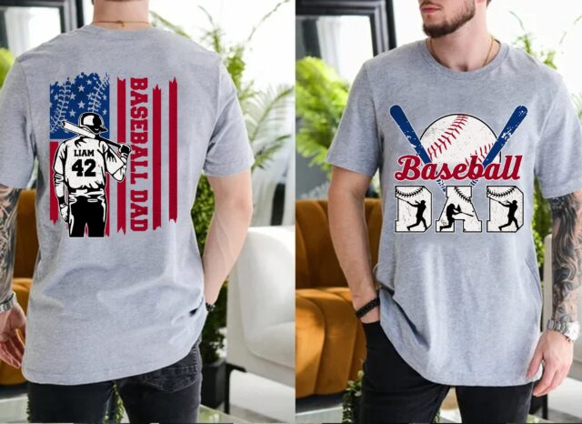 Personalized Baseball Dad Shirt – Custom Name & Number, American Flag Grandpa Gift