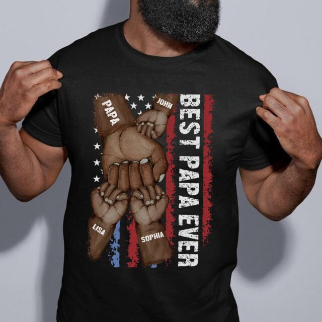 Best Dad Ever Shirt – Custom Black Dad Shirt with Grandkids’ Hands & Names for Father’s Day