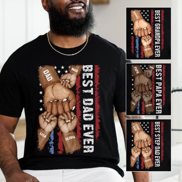 Best Dad Ever Shirt – Custom Black Dad Shirt with Grandkids’ Hands & Names for Father’s Day