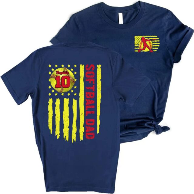 Personalized Softball Dad Shirt – Custom Name & Number American Flag Softball Tee for Father’s Day