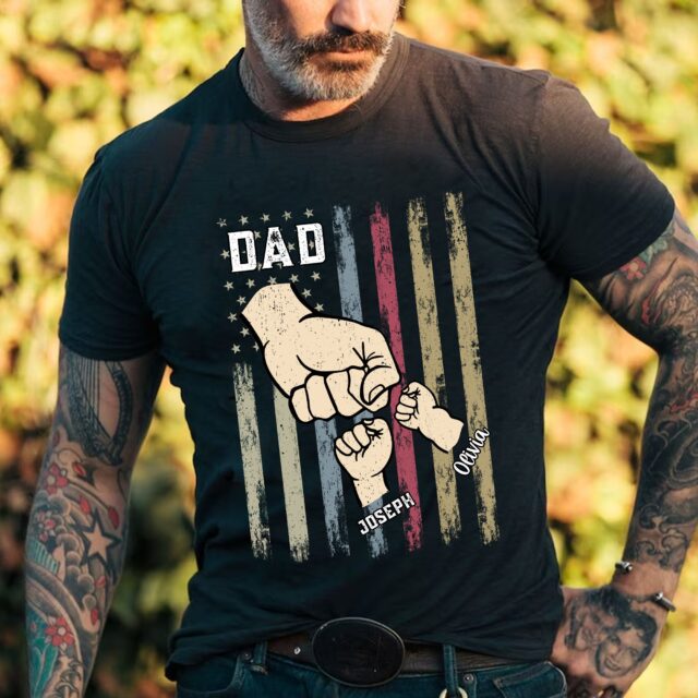 4th of July Papa Shirt with Grandkids Hands and Fist Bump – Custom Dad Matching Shirt