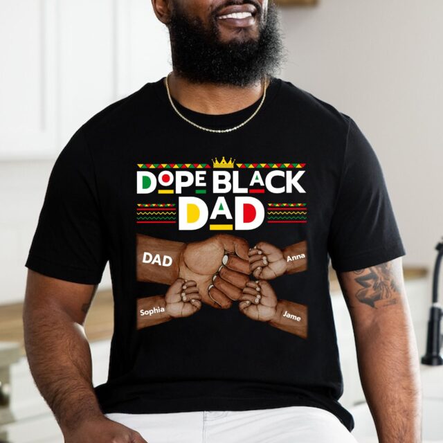 Dope Black Dad Shirt – Best Dad Ever with Fist Bump & Grandchild Names for Father’s Day