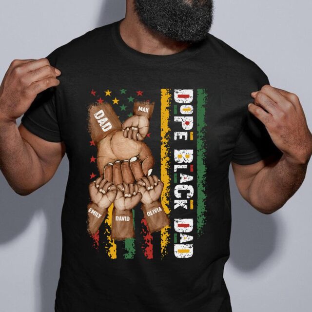 Dope Black Dad Shirt – Best Dad Ever with Fist Bump & Grandchild Names for Father’s Day